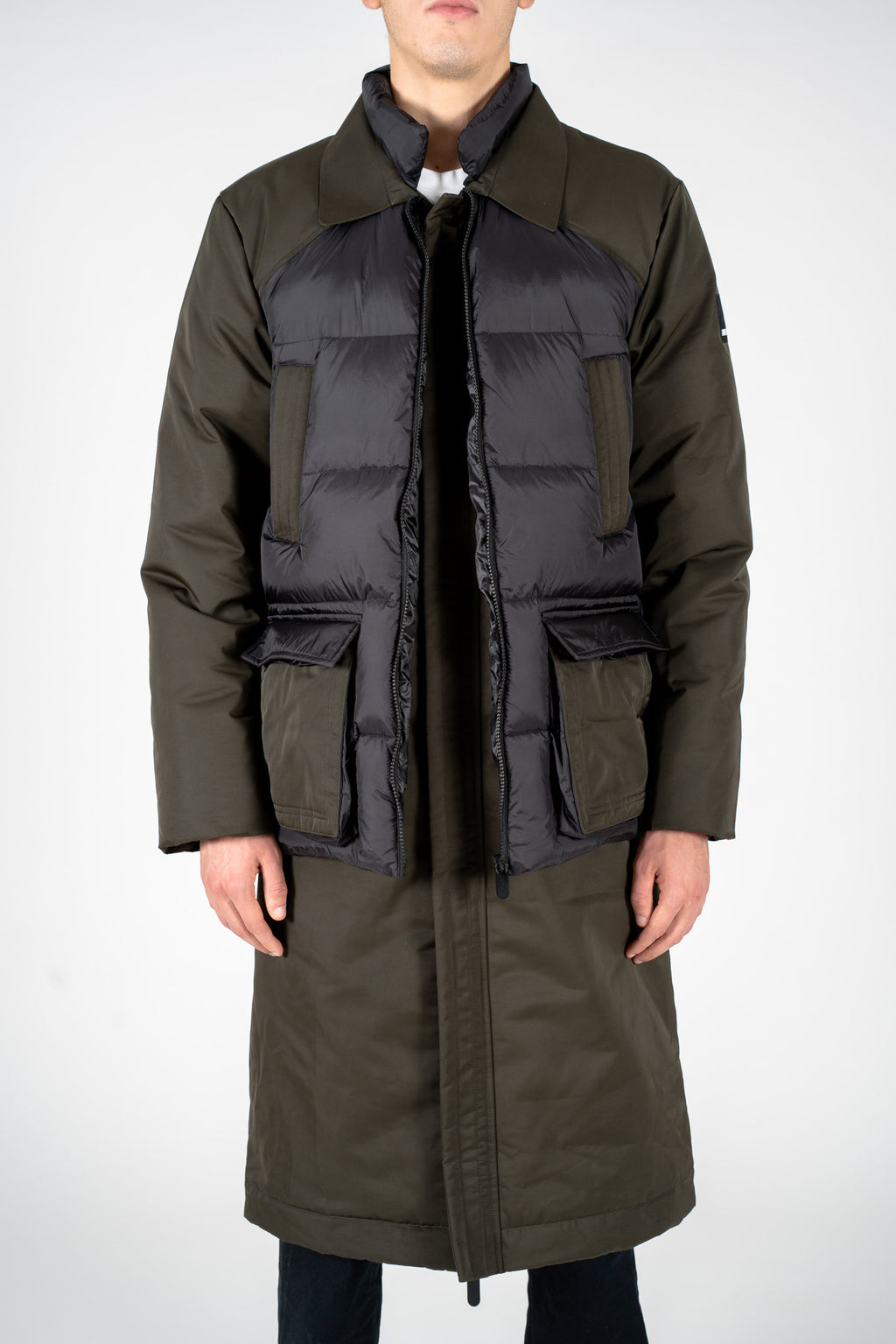 Two-tone padded parka in black and olive green