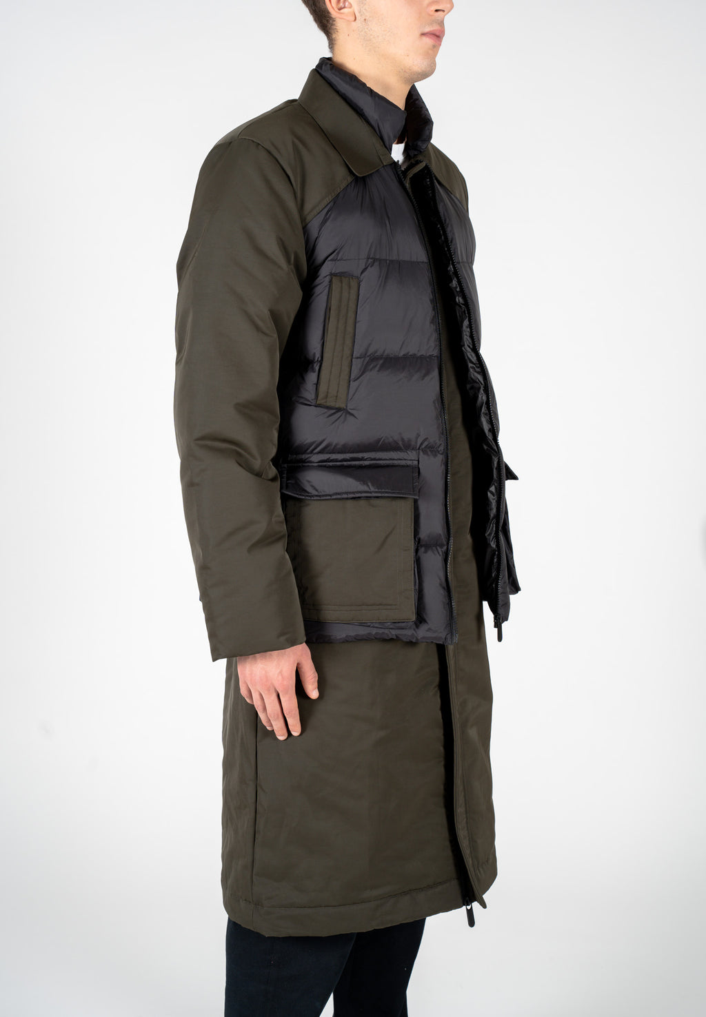 Two-tone padded parka in black and olive green