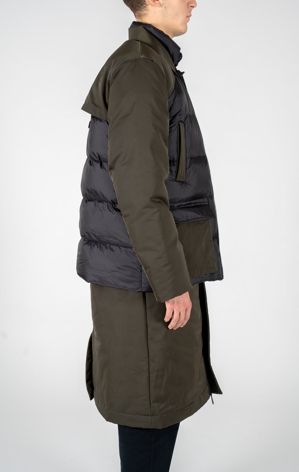 Two-tone padded parka in black and olive green