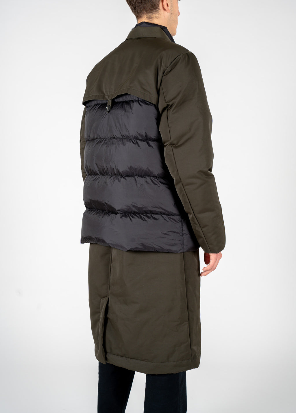 Two-tone padded parka in black and olive green