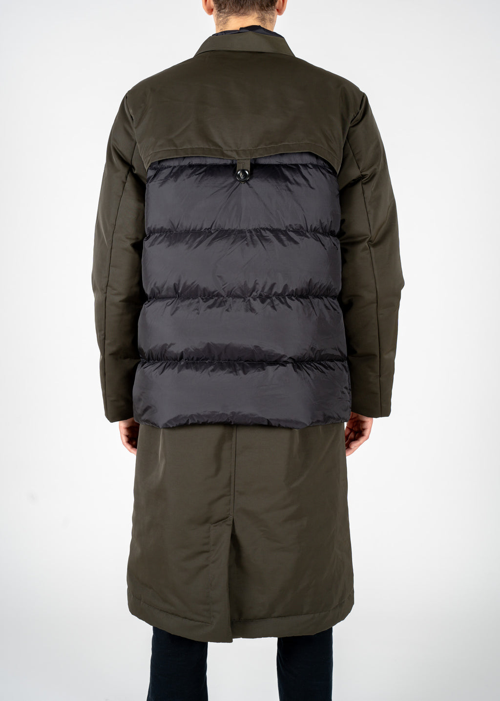 Two-tone padded parka in black and olive green
