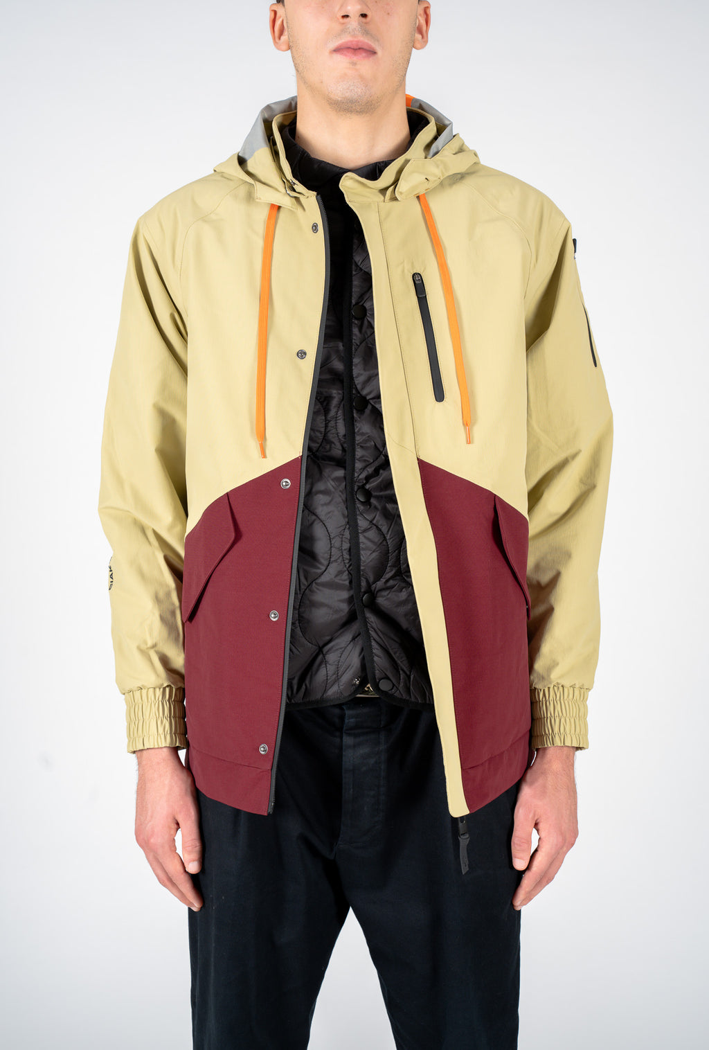 Two-tone khaki and red jacket