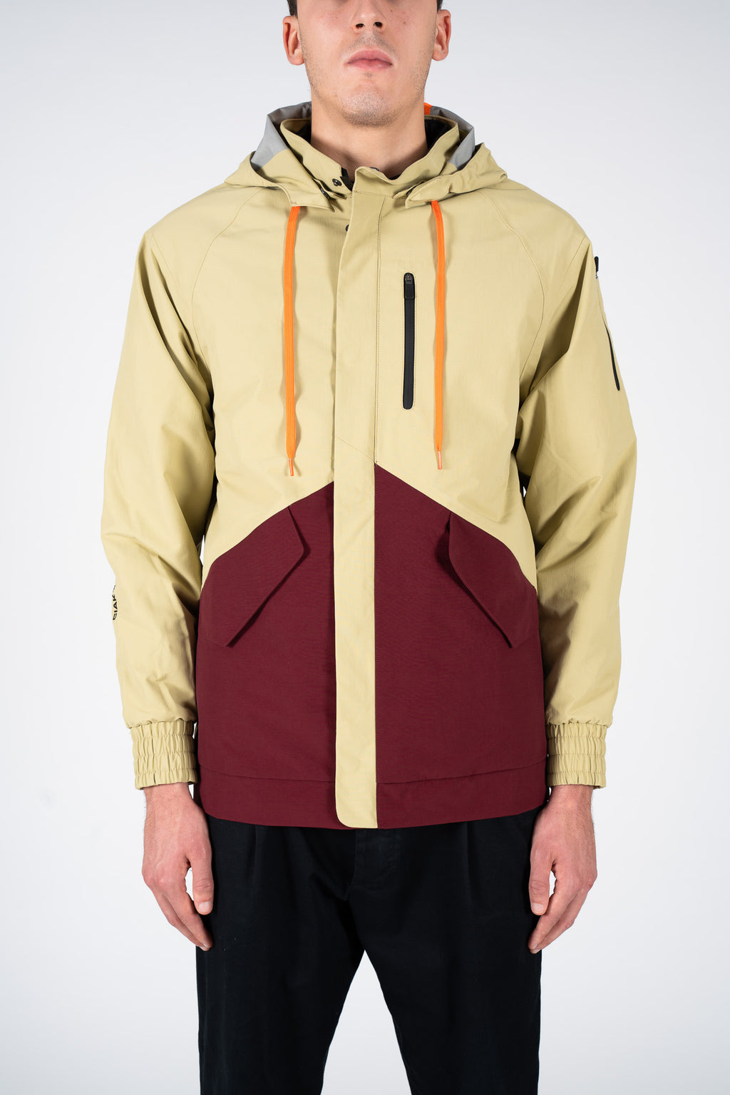 Two-tone khaki and red jacket
