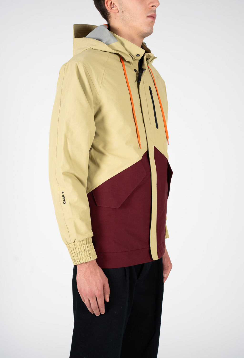 Two-tone khaki and red jacket