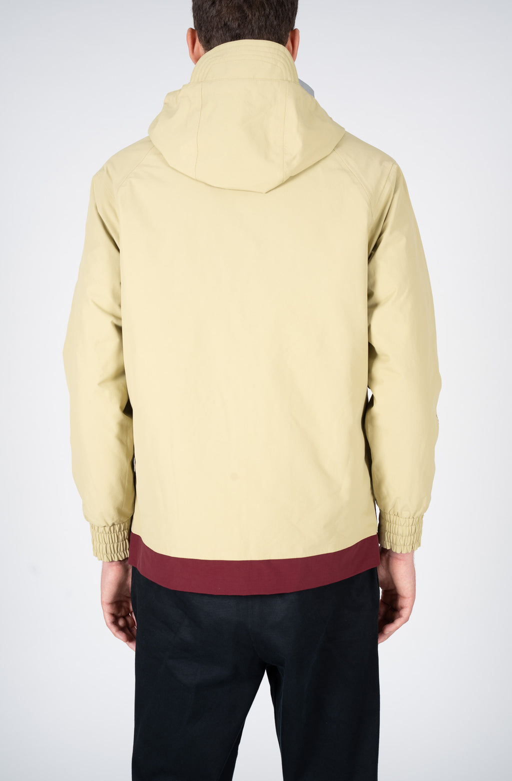 Two-tone khaki and red jacket