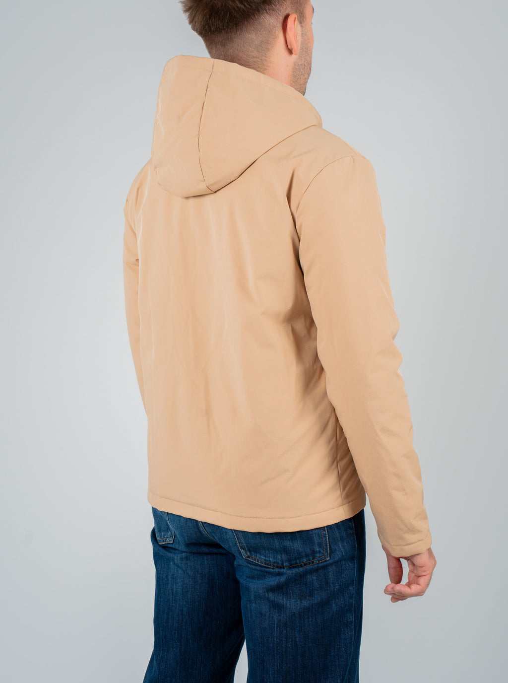 Giacca beige con cappuccio interno blu elettrico